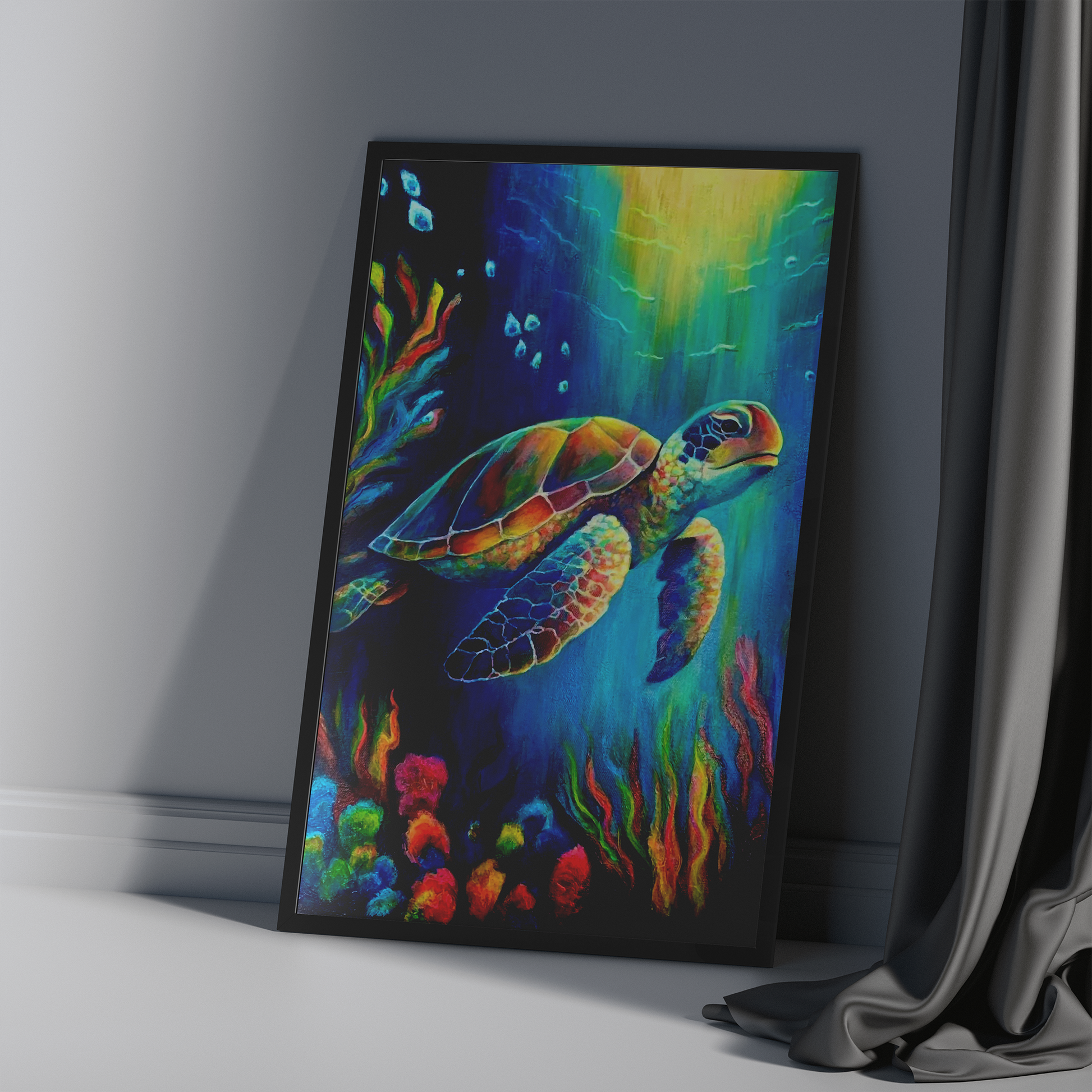 Beneath the Blue – Sea Turtle Framed Poster Print